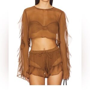 Sheer Brown Long Sleeve Crop Top “Thoma” NWT